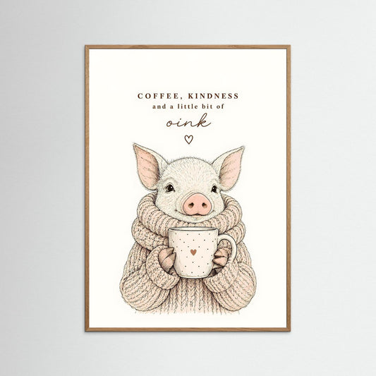 Coffee, Kindness and a Little Bit of Oink – Framed Cute Pig Kitchen Wall Art