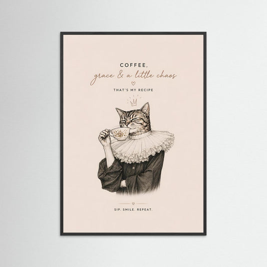 Framed Cat Coffee Wall Art – Vintage Style Kitchen Decor